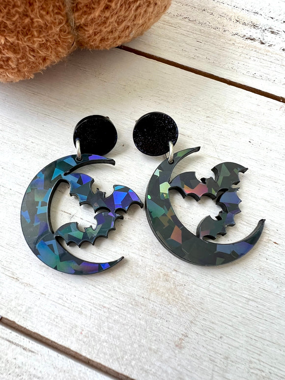 Crescent Moon and Bat Acrylic Earrings