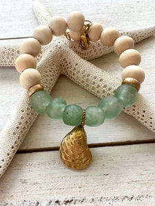 Coastal Wooden and Glass Gold Charm Oyster Bracelet