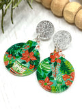 Green Retro Print Christmas Ornament Earrings