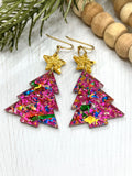 Sparkly Pink Christmas Tree Earrings