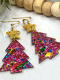 Sparkly Pink Christmas Tree Earrings