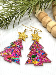 Sparkly Pink Christmas Tree Earrings