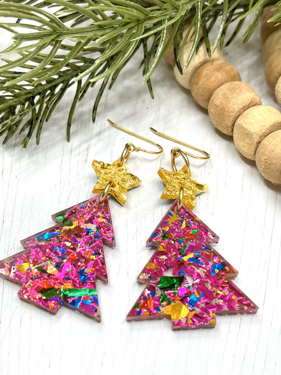 Sparkly Pink Christmas Tree Earrings