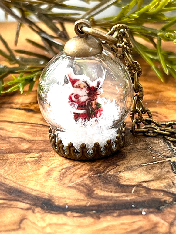 Mini Santa and Rudolph Snow Globe Necklace