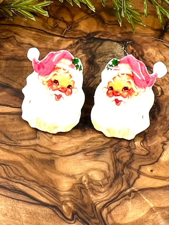 Vintage Pink Santa Image Stud Earrings