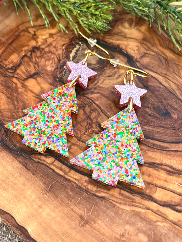 Pink Confetti Christmas Tree Earrings