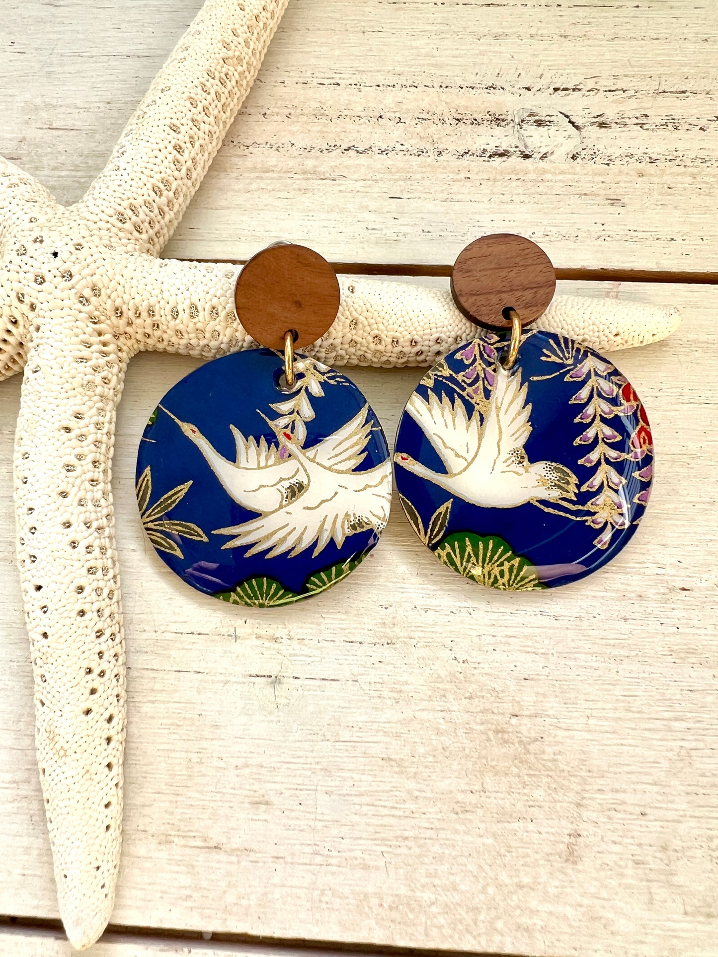 Medium Egret Chiyogami Earrings