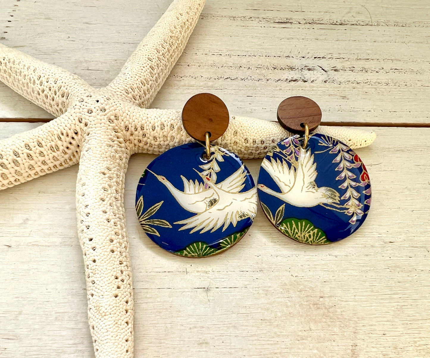 Medium Egret Chiyogami Earrings