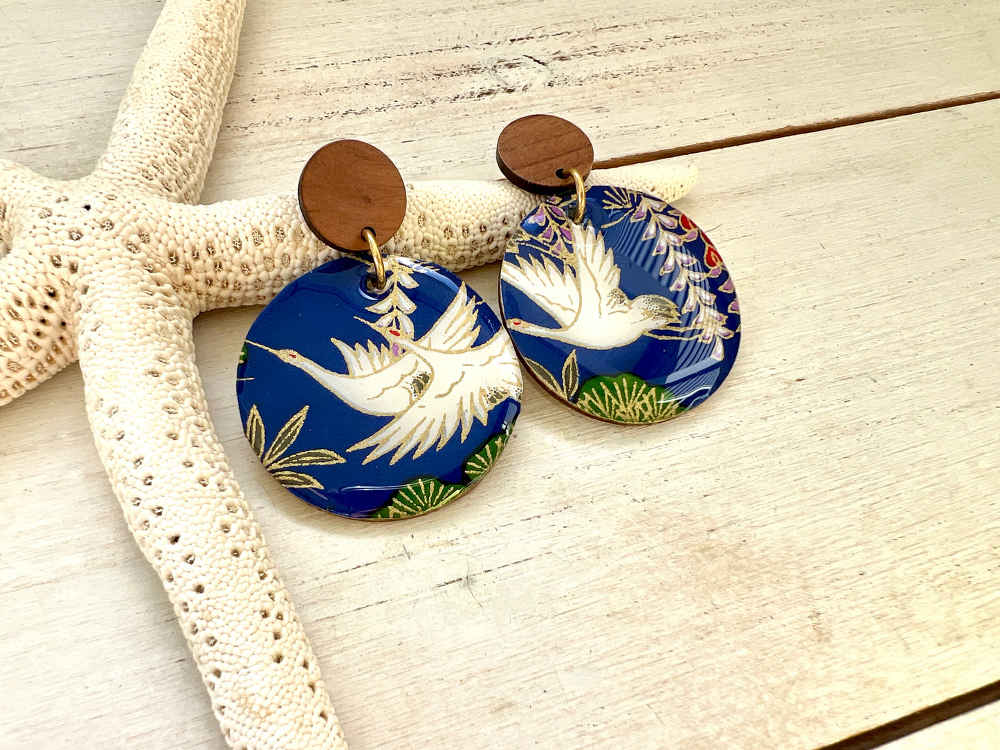 Medium Egret Chiyogami Earrings