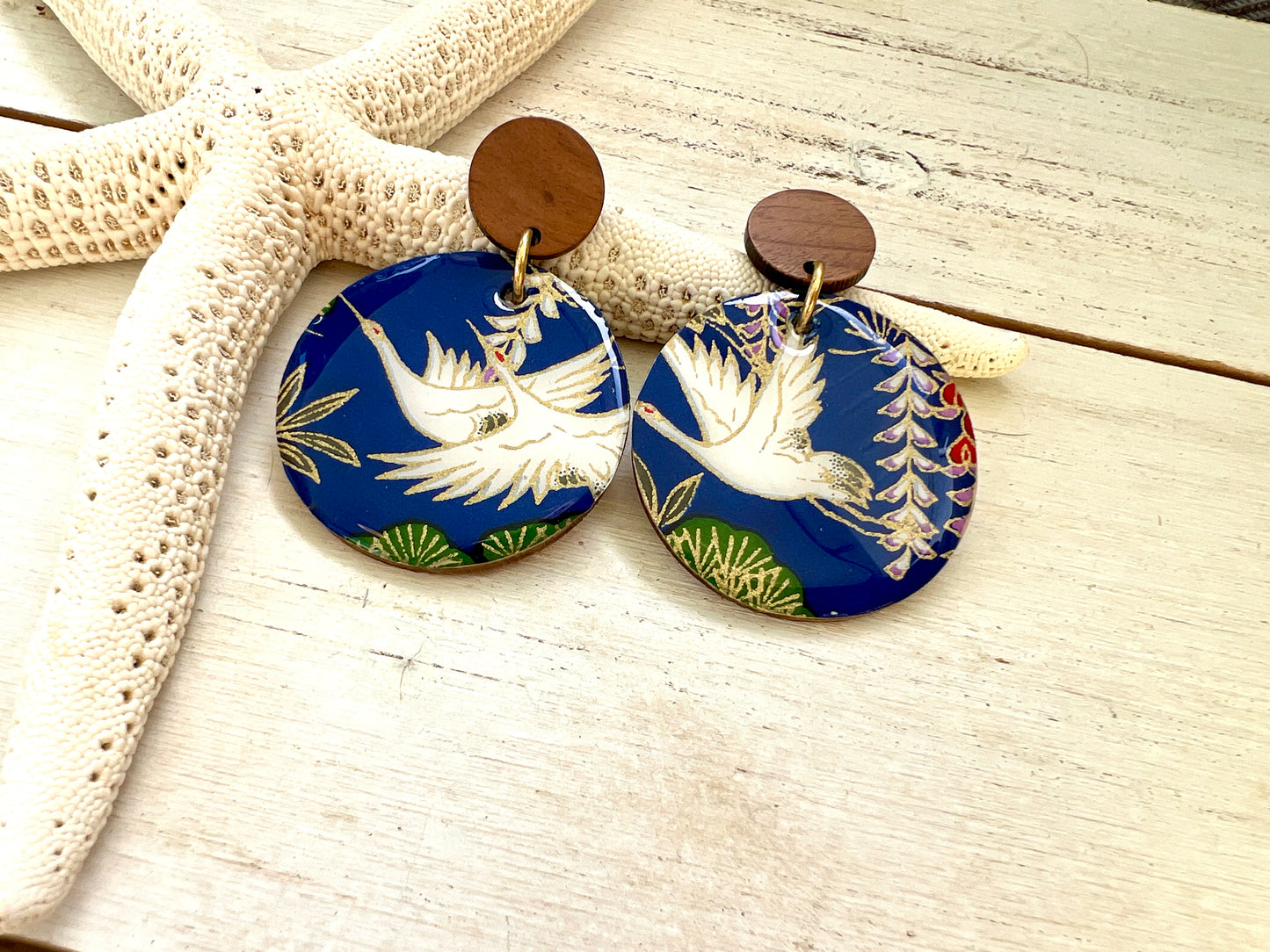 Medium Egret Chiyogami Earrings