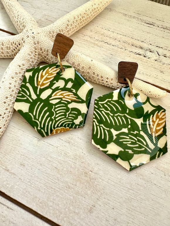 Green Floral Honeycomb Chiyogami Earrings