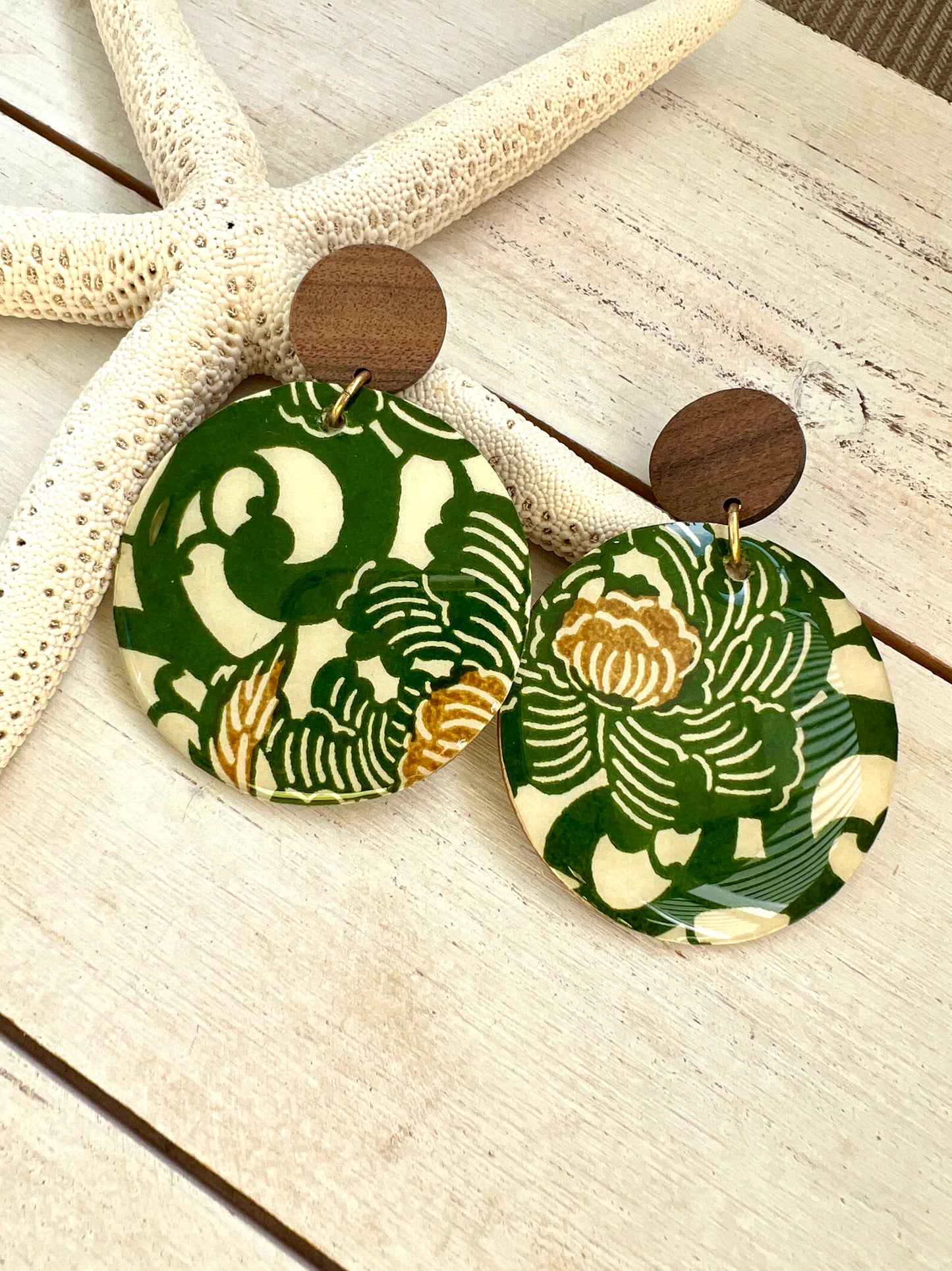 Large Green Floral Chiyogami Earrings