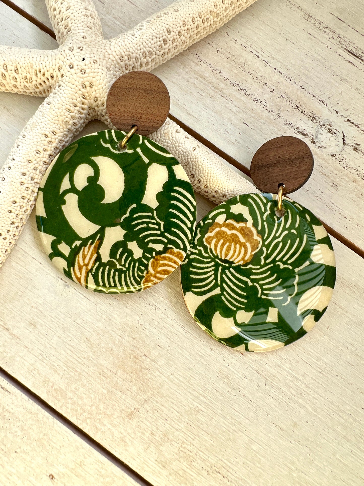 Large Green Floral Chiyogami Earrings