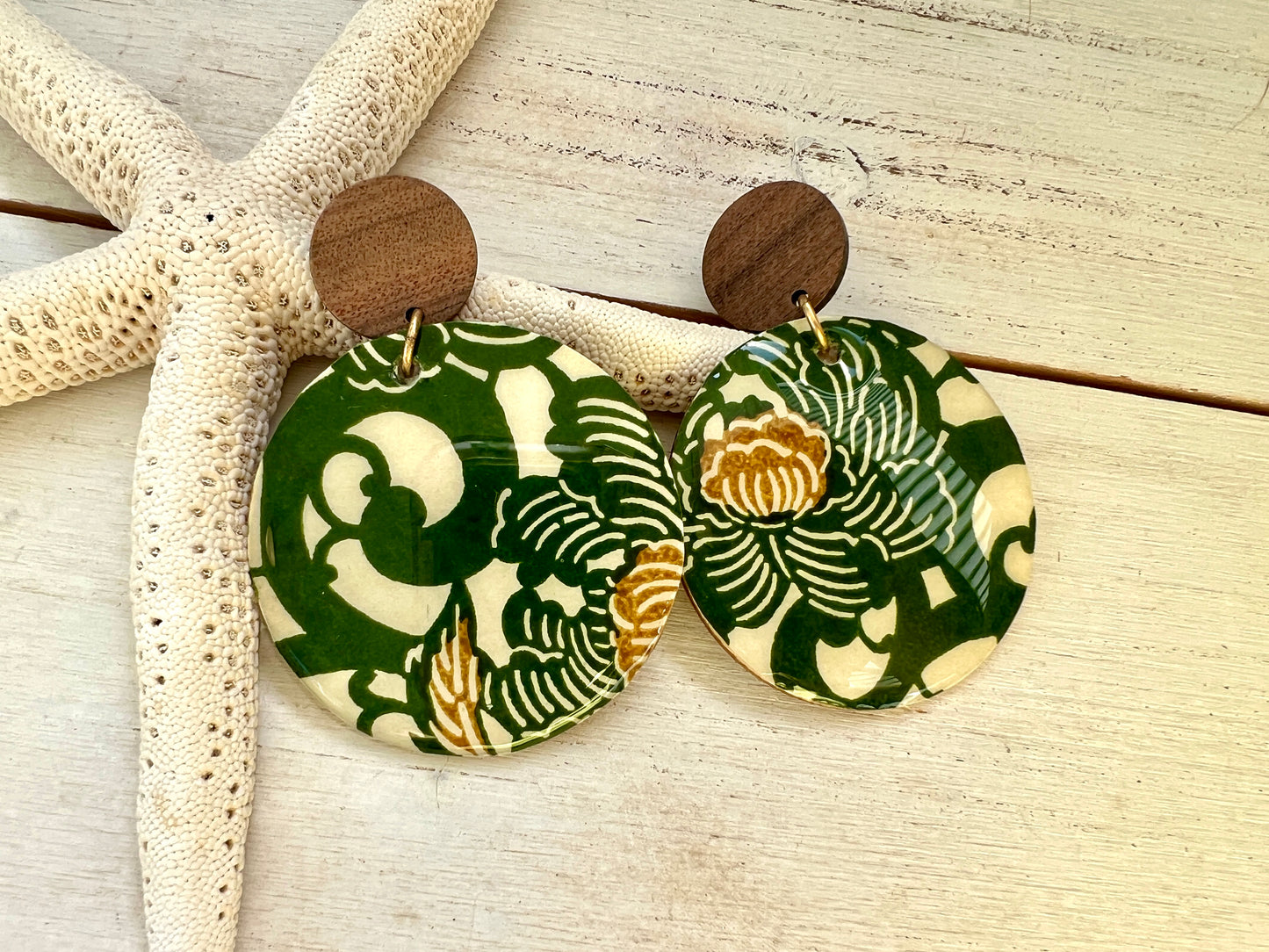 Large Green Floral Chiyogami Earrings