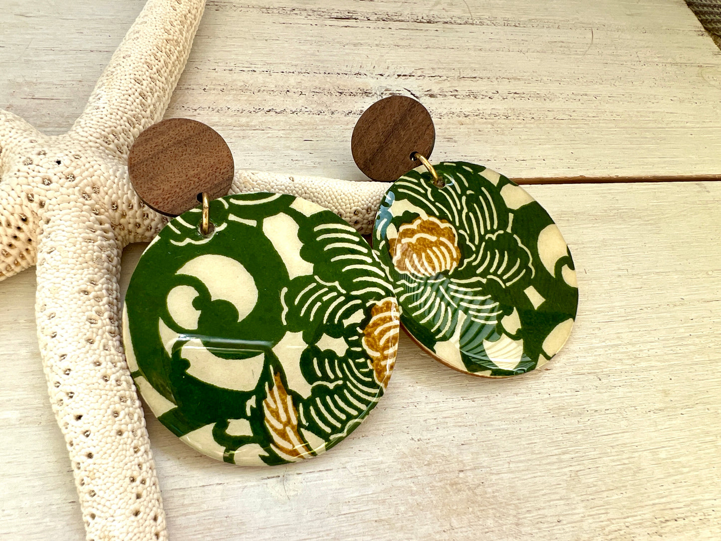 Large Green Floral Chiyogami Earrings