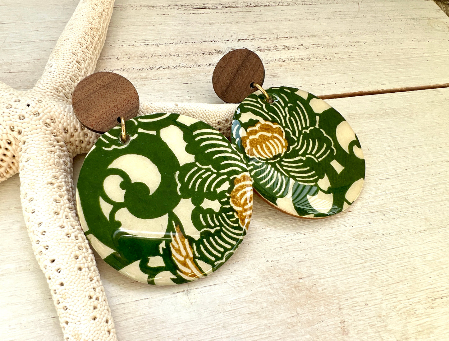 Large Green Floral Chiyogami Earrings