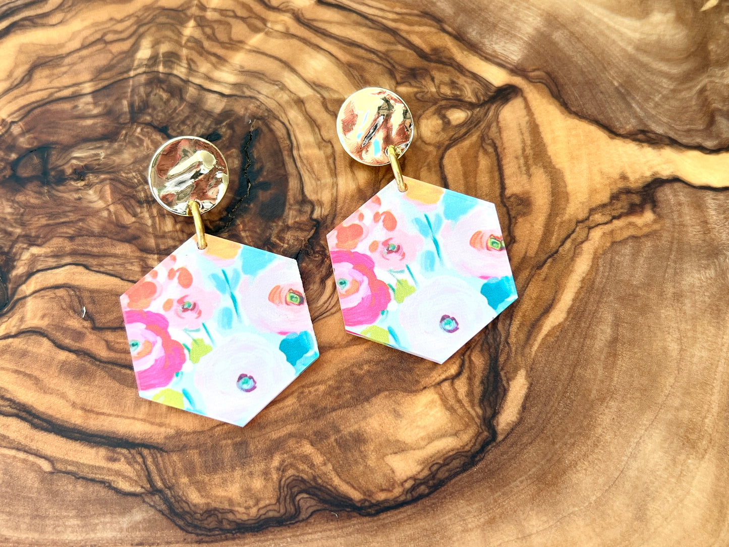 Spring Bloom Hexagon Dangle Earrings