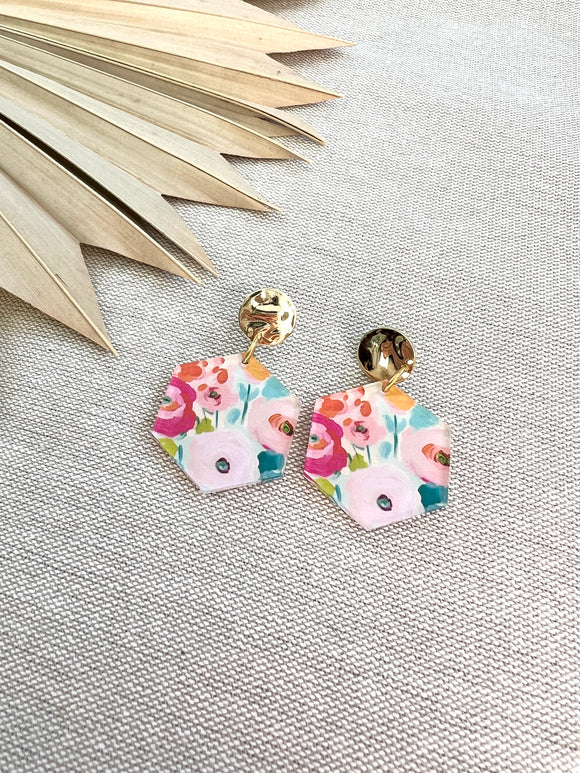 Spring Bloom Hexagon Dangle Earrings