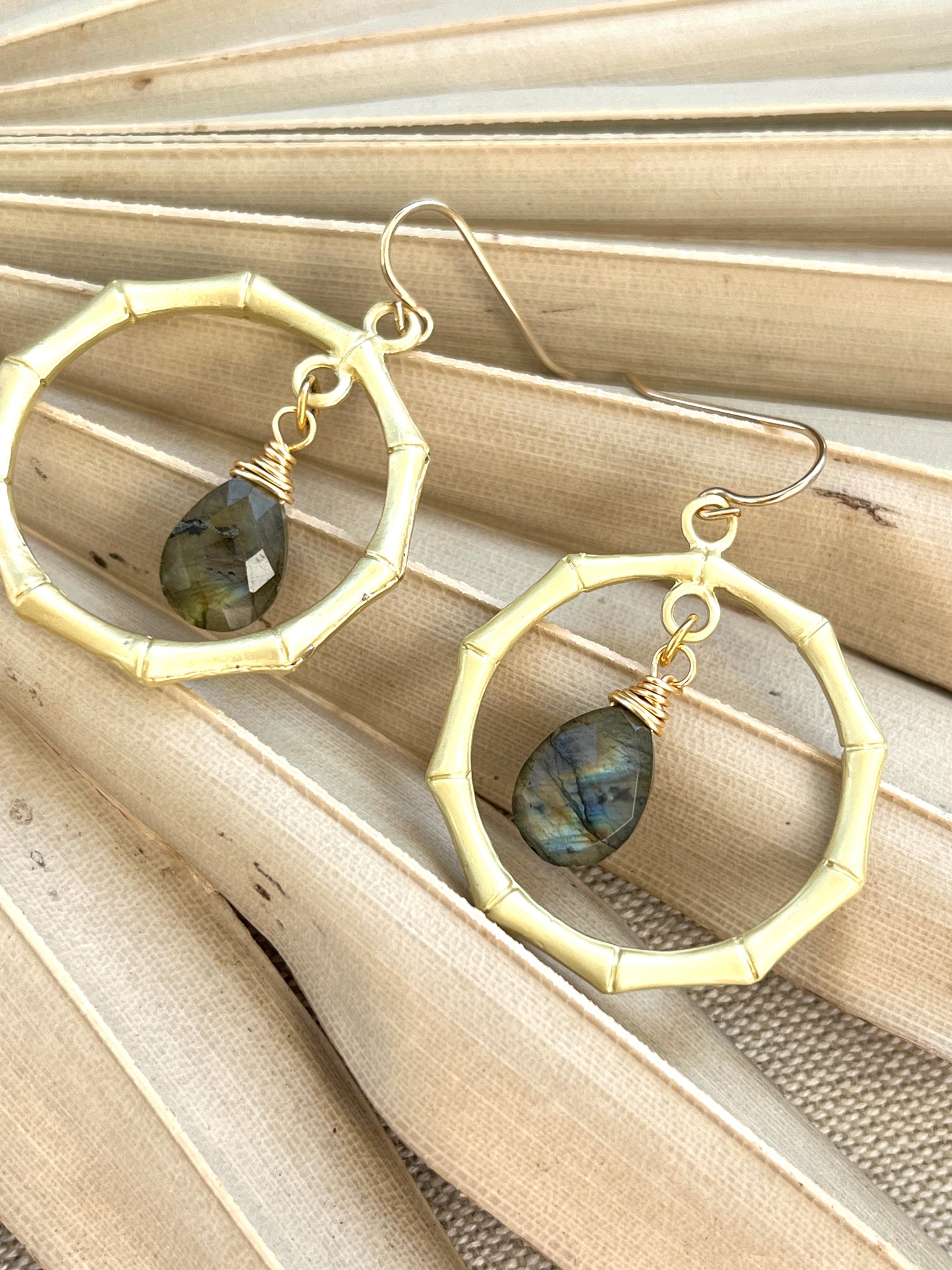 Bamboo Hoops with Genuine Labradorite Stones