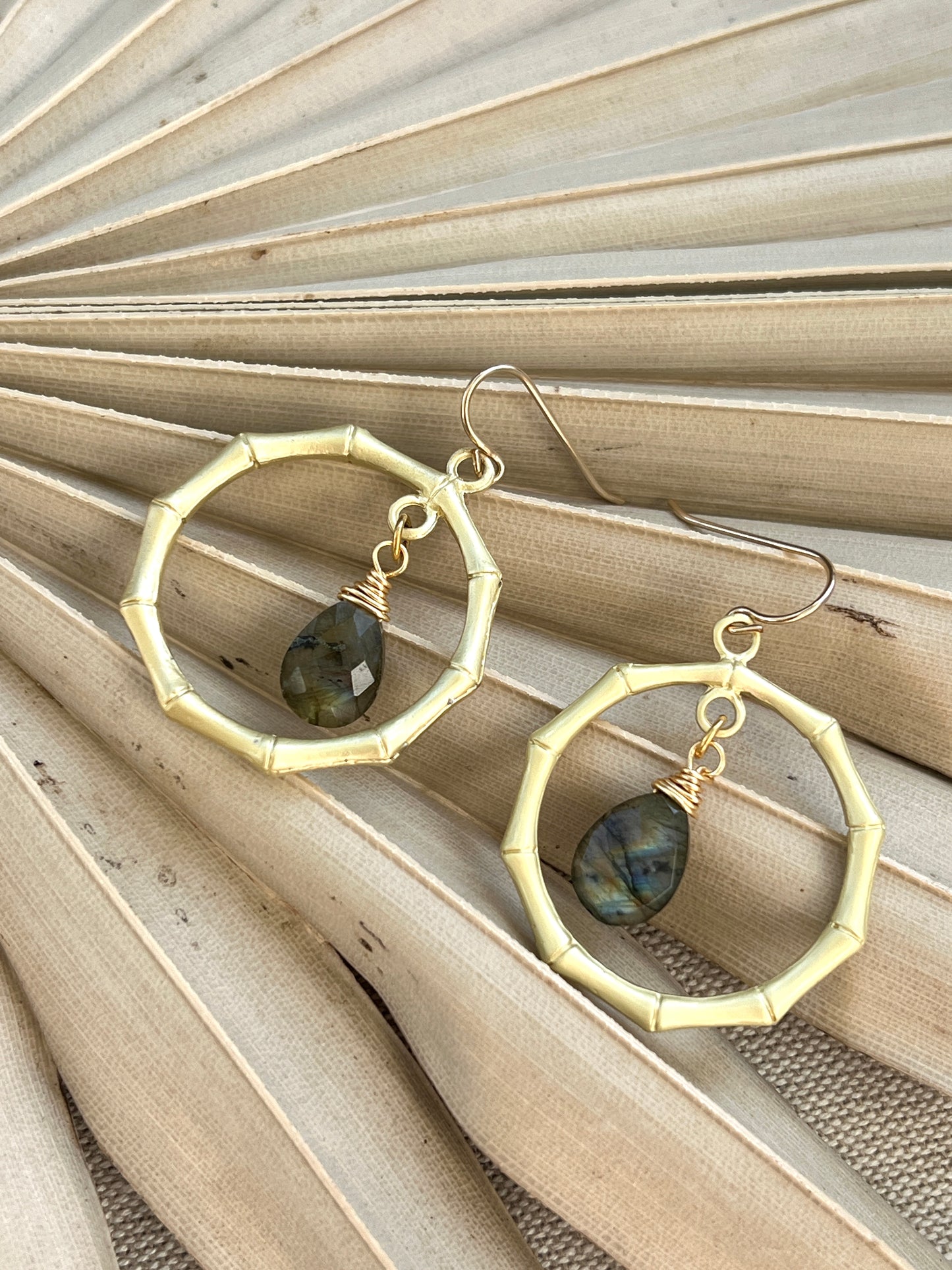 Bamboo Hoops with Genuine Labradorite Stones