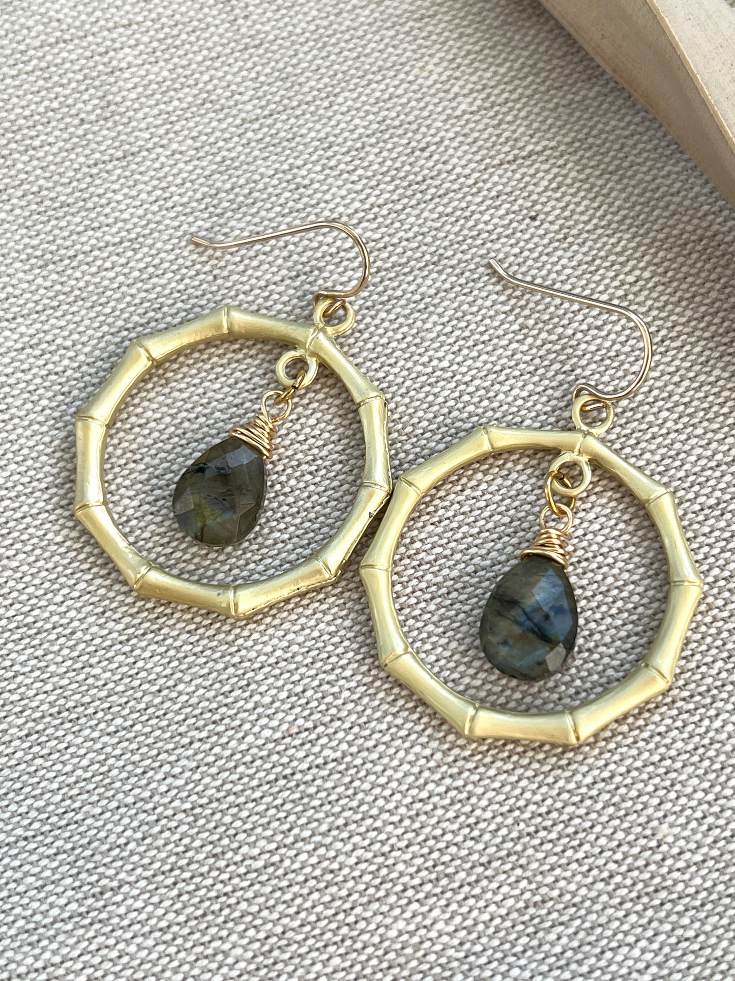 Bamboo Hoops with Genuine Labradorite Stones