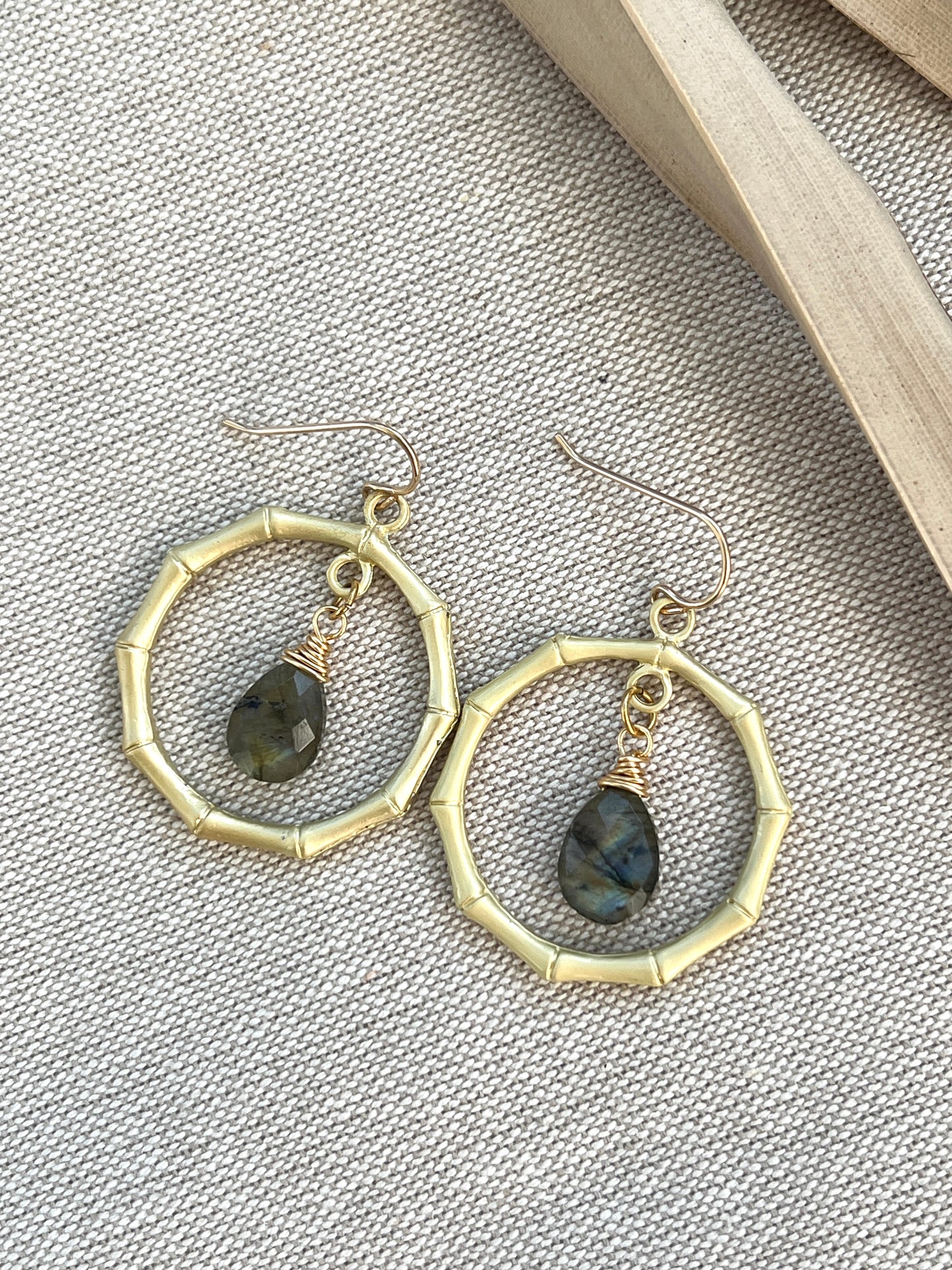 Bamboo Hoops with Genuine Labradorite Stones