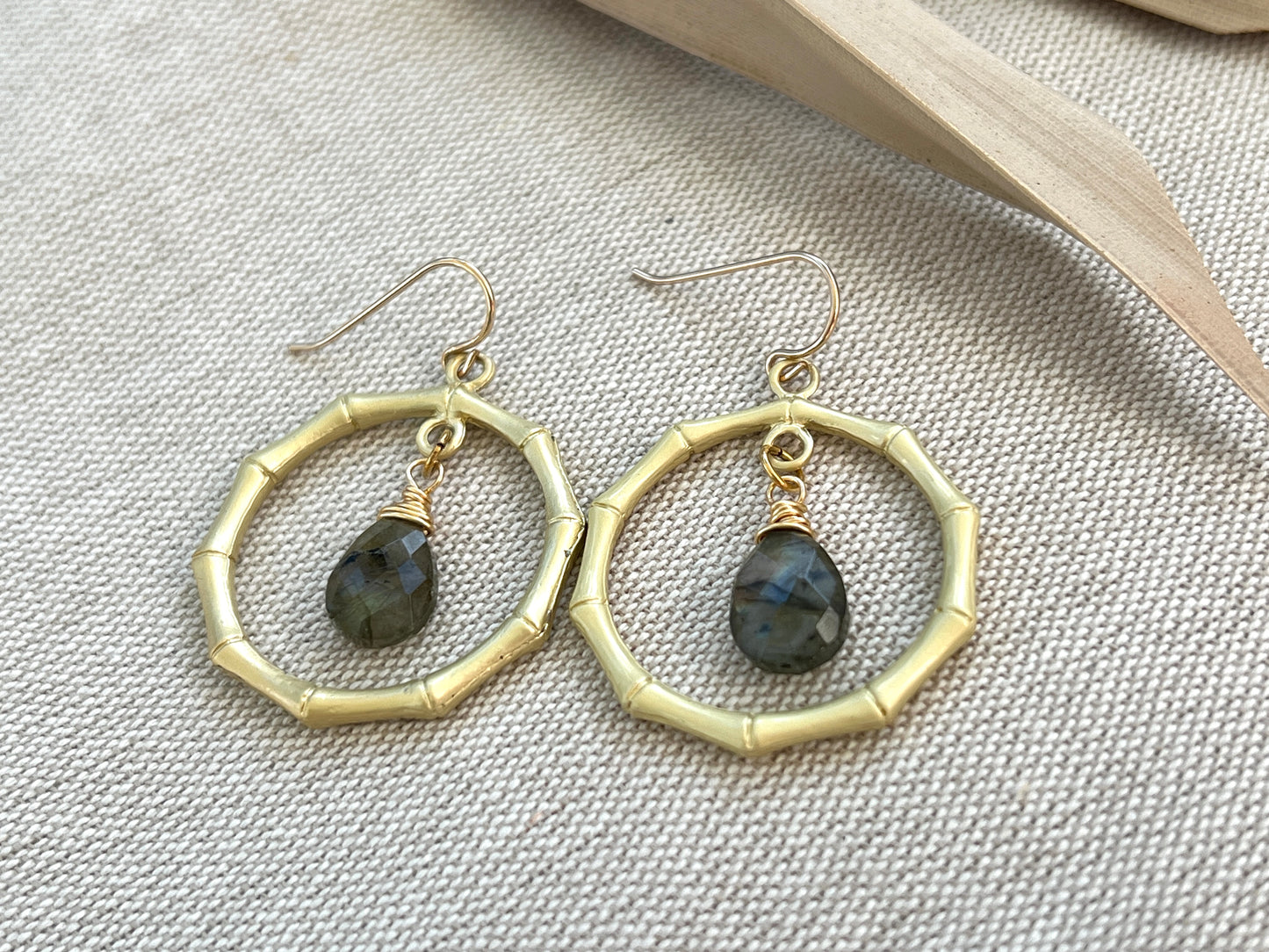 Bamboo Hoops with Genuine Labradorite Stones