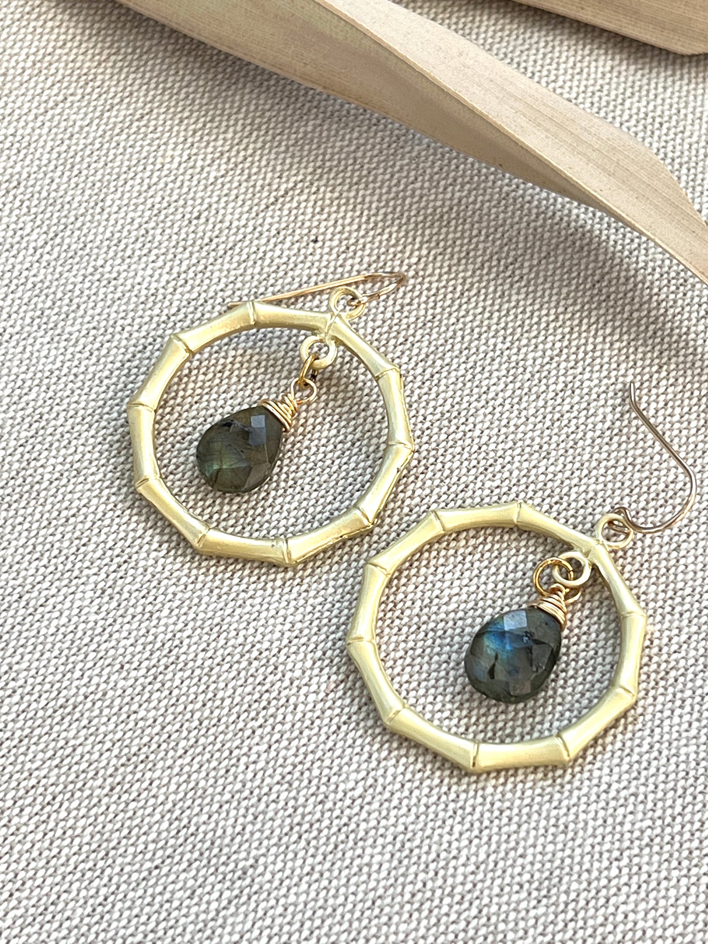 Bamboo Hoops with Genuine Labradorite Stones