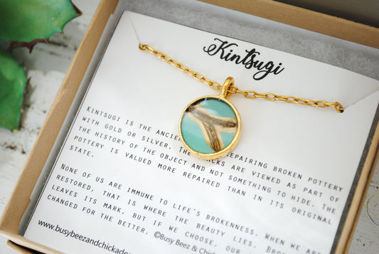 Kintsugi Inspired Pendants - Encouragement Gift - Round, Colorized Turquoise Clay, Gold, Kintsugi Jewelry, Kintsugi Necklace