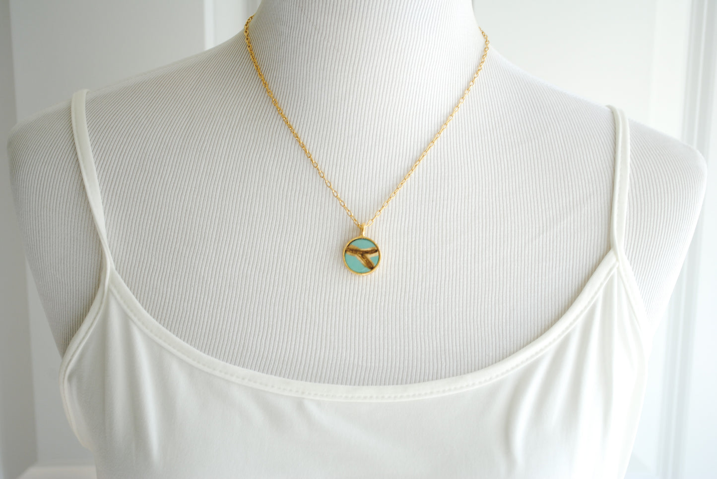 Kintsugi Inspired Pendants - Encouragement Gift - Round, Colorized Turquoise Clay, Gold, Kintsugi Jewelry, Kintsugi Necklace