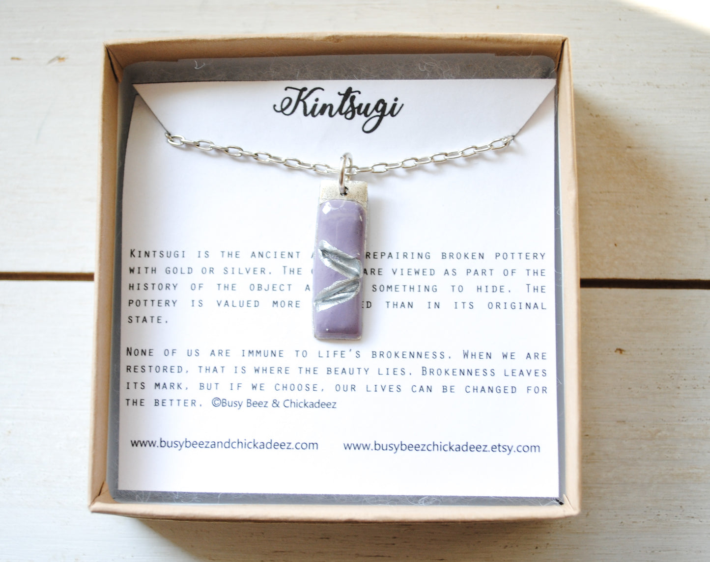 Kintsugi Inspired Pendants - Double Sided Necklace - Hand Stamped - Kintsugi Necklace Small Rectangle, hand colorized clay purple, silver