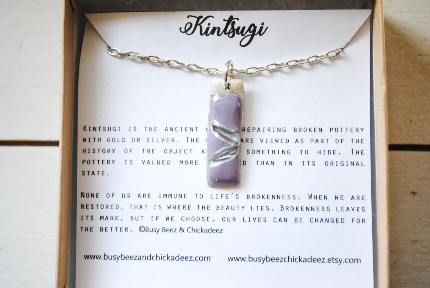 Kintsugi Inspired Pendants - Double Sided Necklace - Hand Stamped - Kintsugi Necklace Small Rectangle, hand colorized clay purple, silver