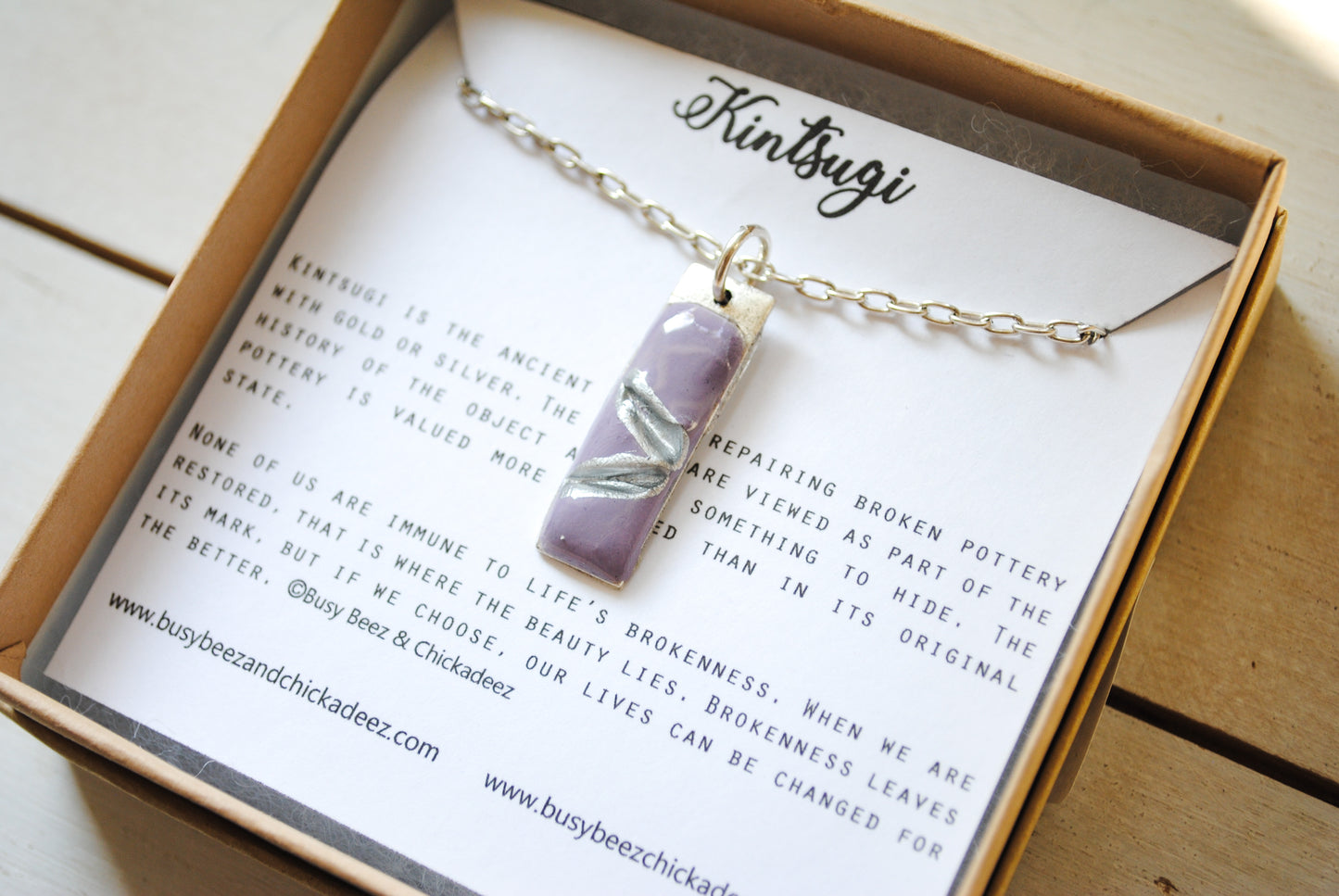 Kintsugi Inspired Pendants - Double Sided Necklace - Hand Stamped - Kintsugi Necklace Small Rectangle, hand colorized clay purple, silver