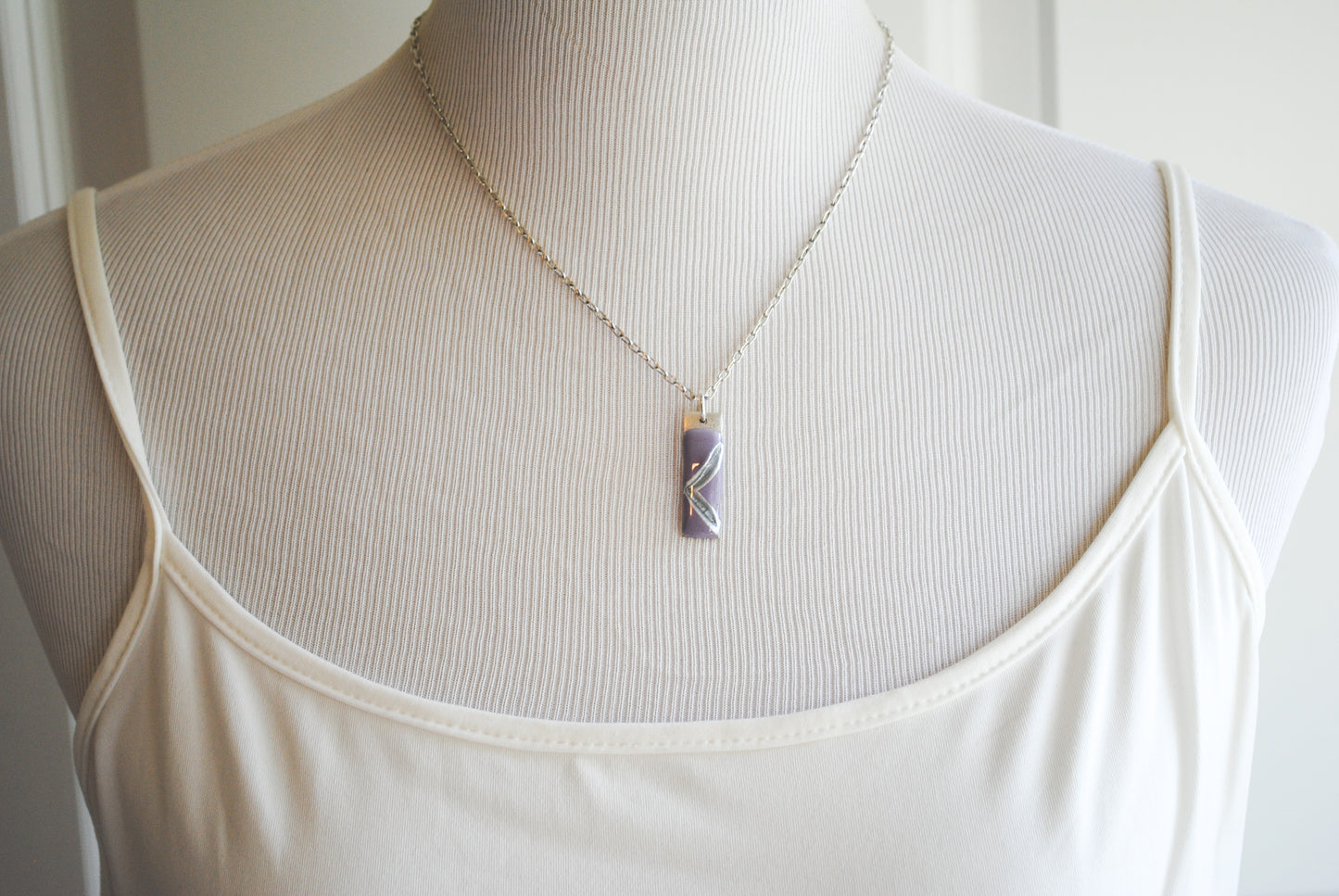 Kintsugi Inspired Pendants - Double Sided Necklace - Hand Stamped - Kintsugi Necklace Small Rectangle, hand colorized clay purple, silver