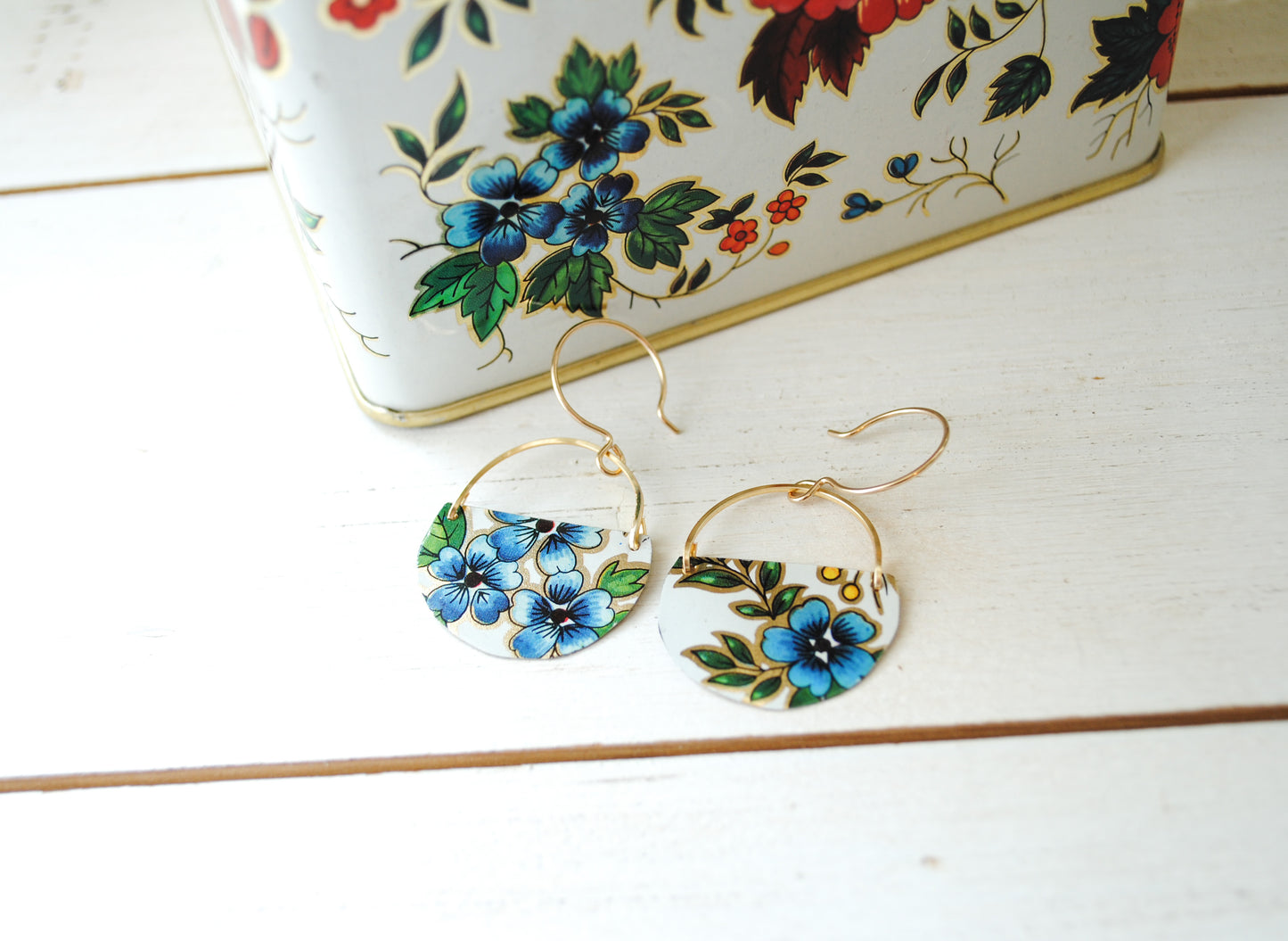 Blue Flower Half Circle Earrings