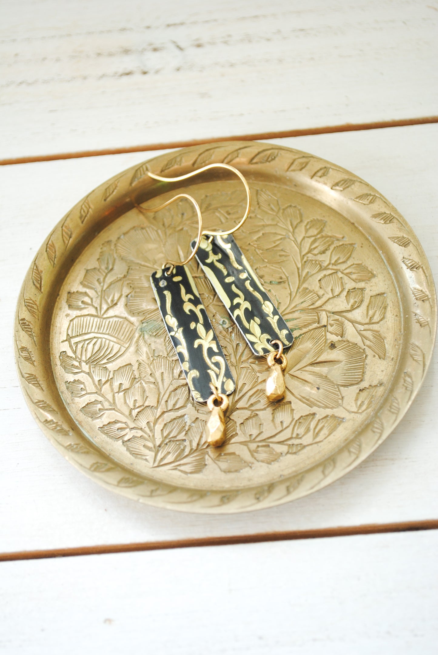 Black and Gold Floral Skinny Rectangle Drop Earrings