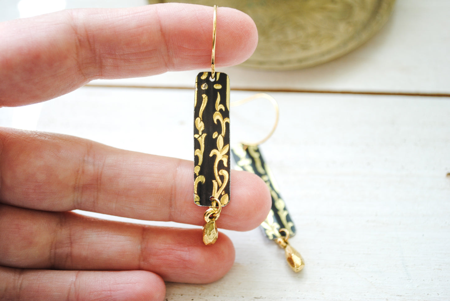 Black and Gold Floral Skinny Rectangle Drop Earrings