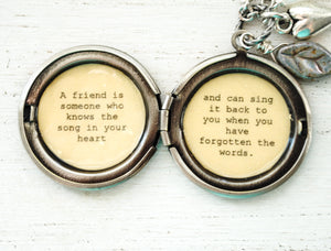 A friend is someone who knows the song in your heart - Friendship Locket - Best Friend Gift, Friend necklace, friend locket