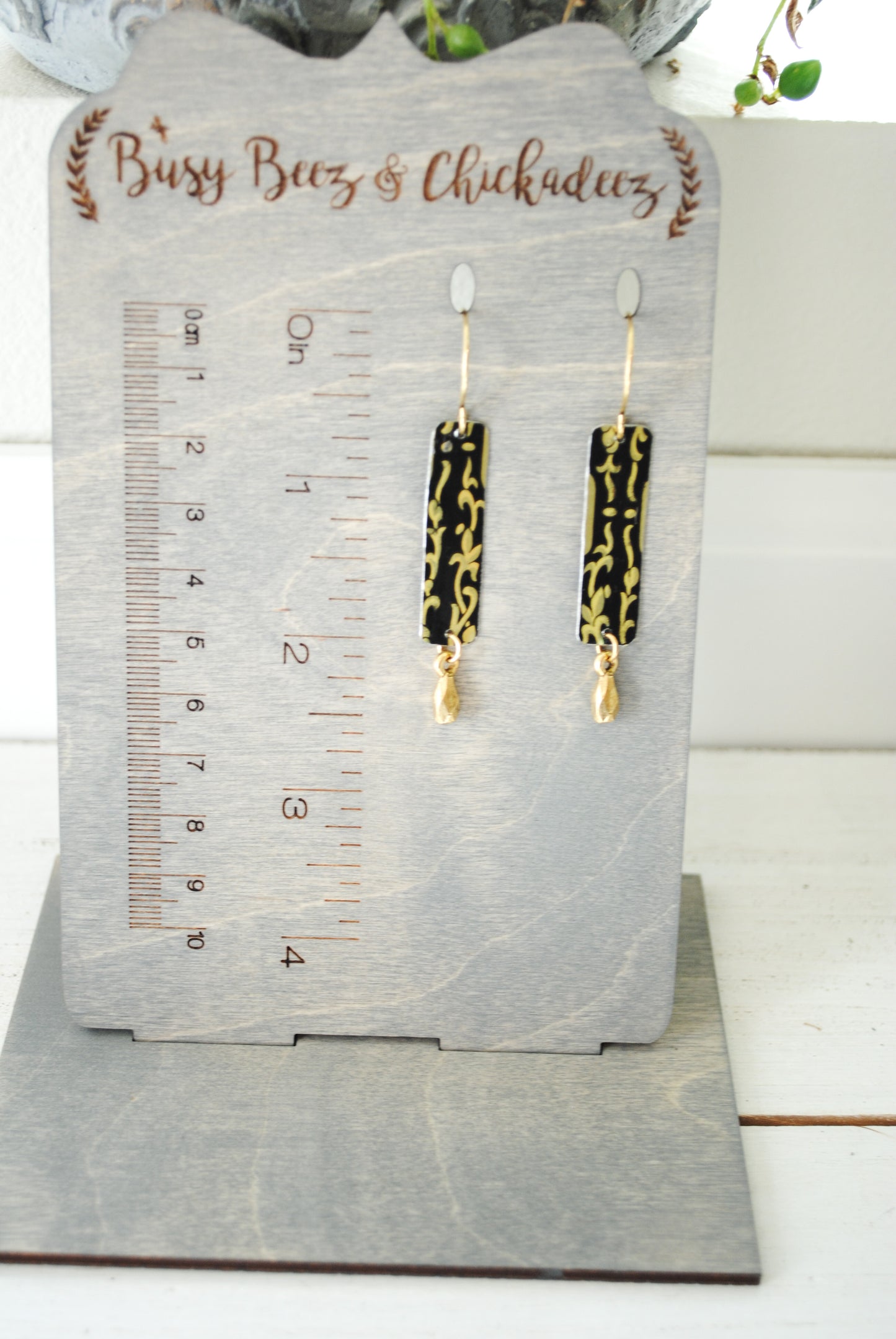 Black and Gold Floral Skinny Rectangle Drop Earrings