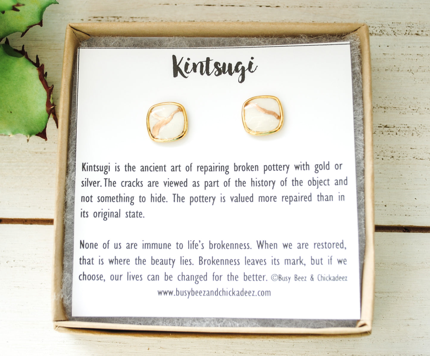 Kintsugi Inspired Earrings - Square Setting, White - Encouragement Gift