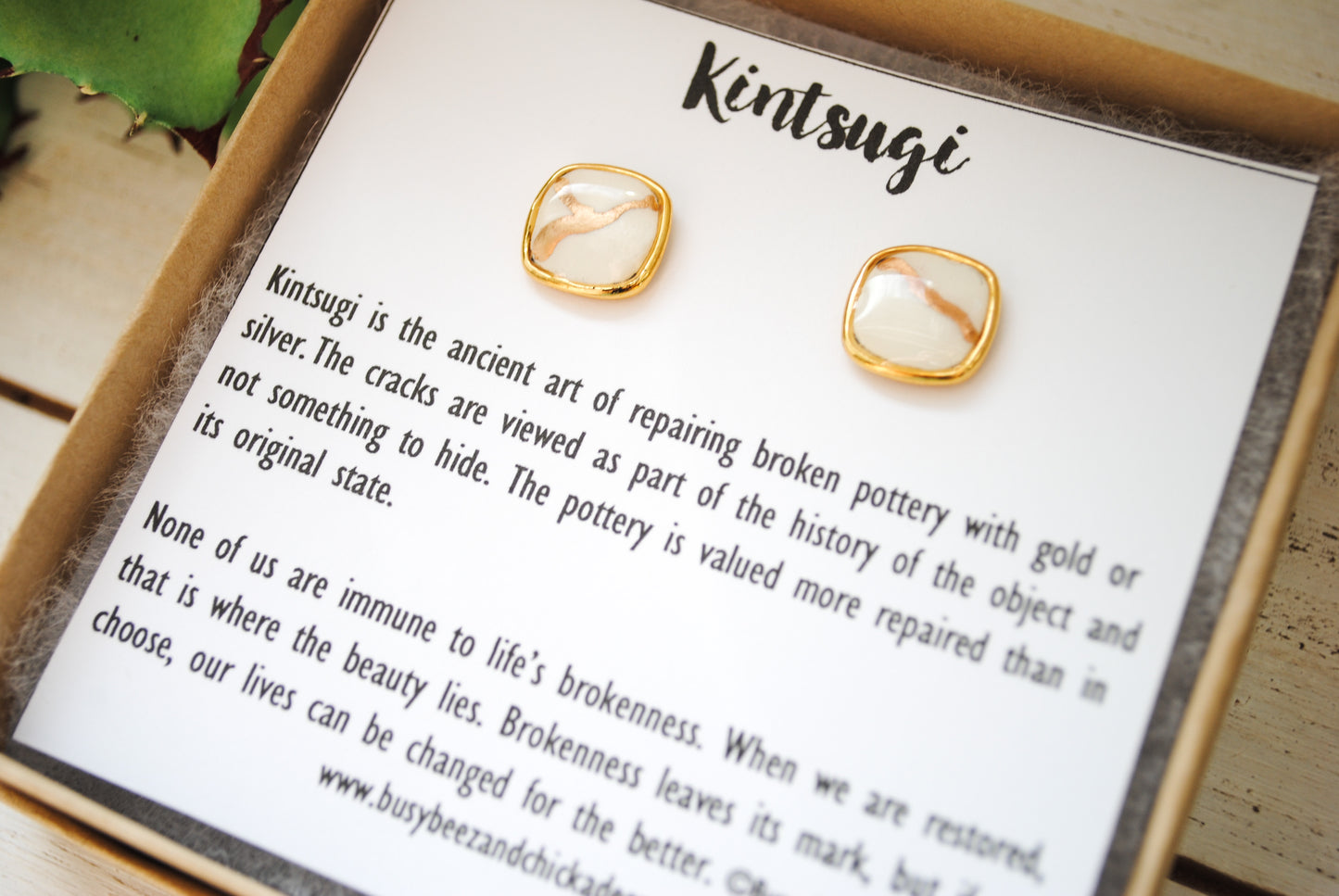 Kintsugi Inspired Earrings - Square Setting, White - Encouragement Gift