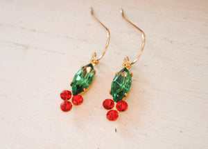 Single Holly Leaf Vintage Rhinestone Earrings