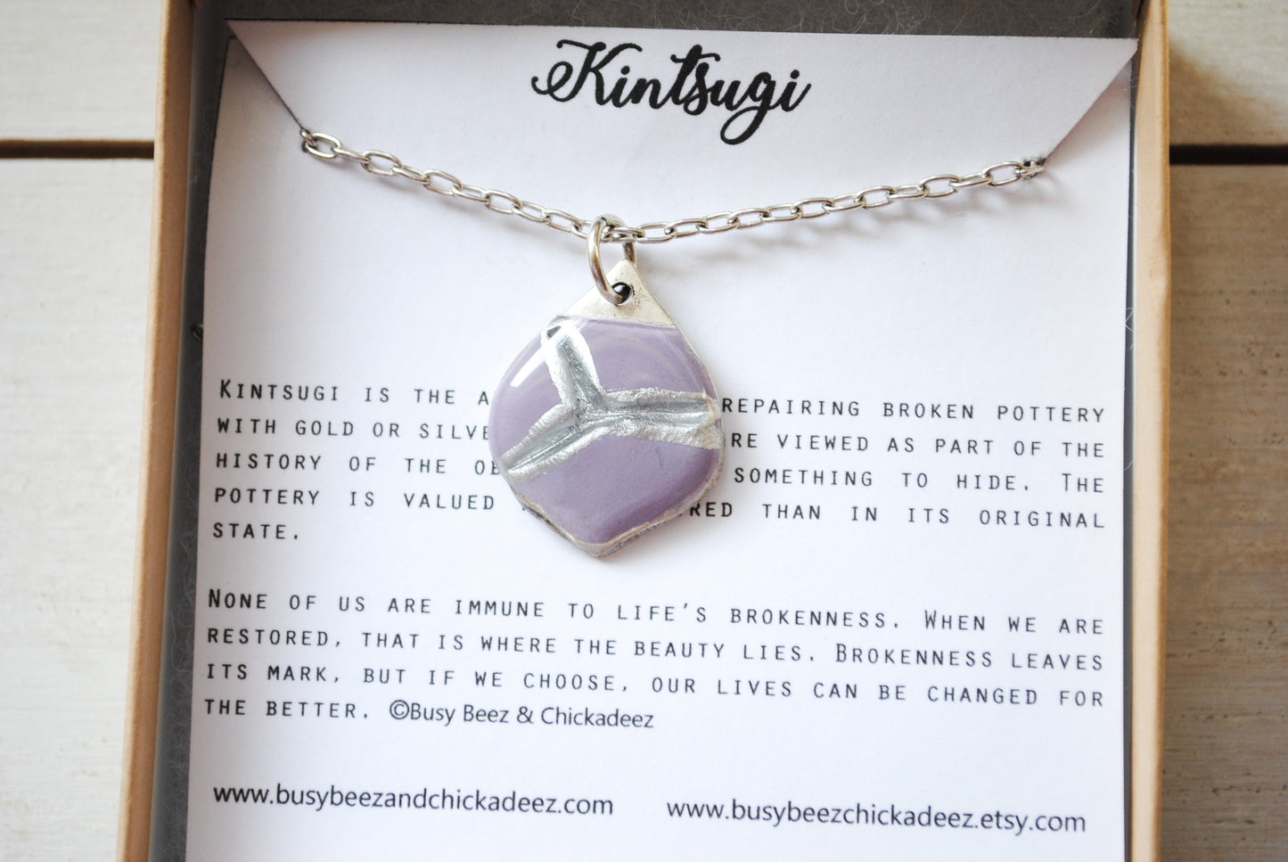 Kintsugi Inspired Pendants - Double Sided Necklace - Hand Stamped - Kintsugi Necklace Marrakesh, hand colorized clay purple, silver