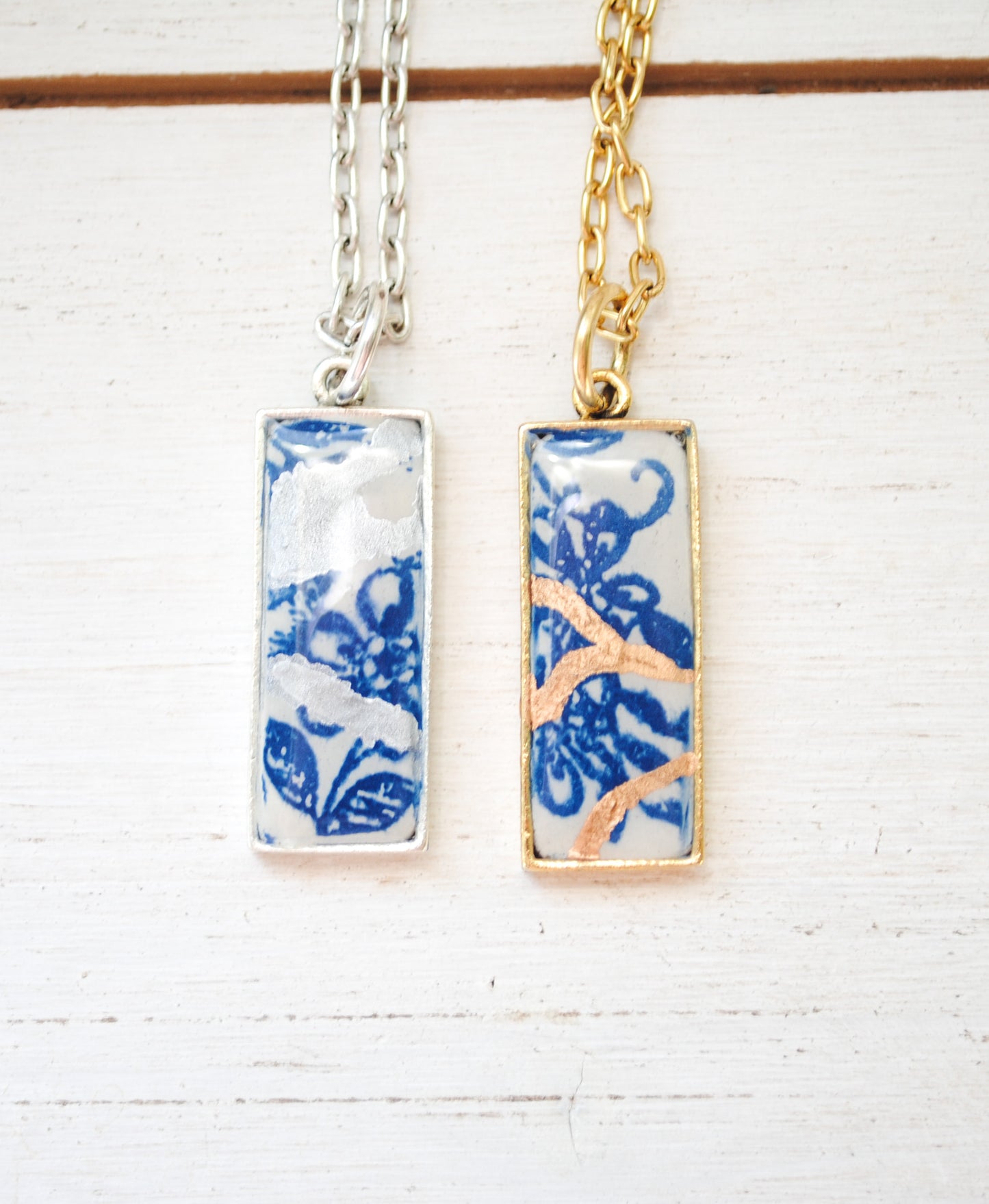 Kintsugi Inspired Pendants - Encouragement Gift - Kintsugi Necklace Rectangle, scroll blue floral, gold or silver