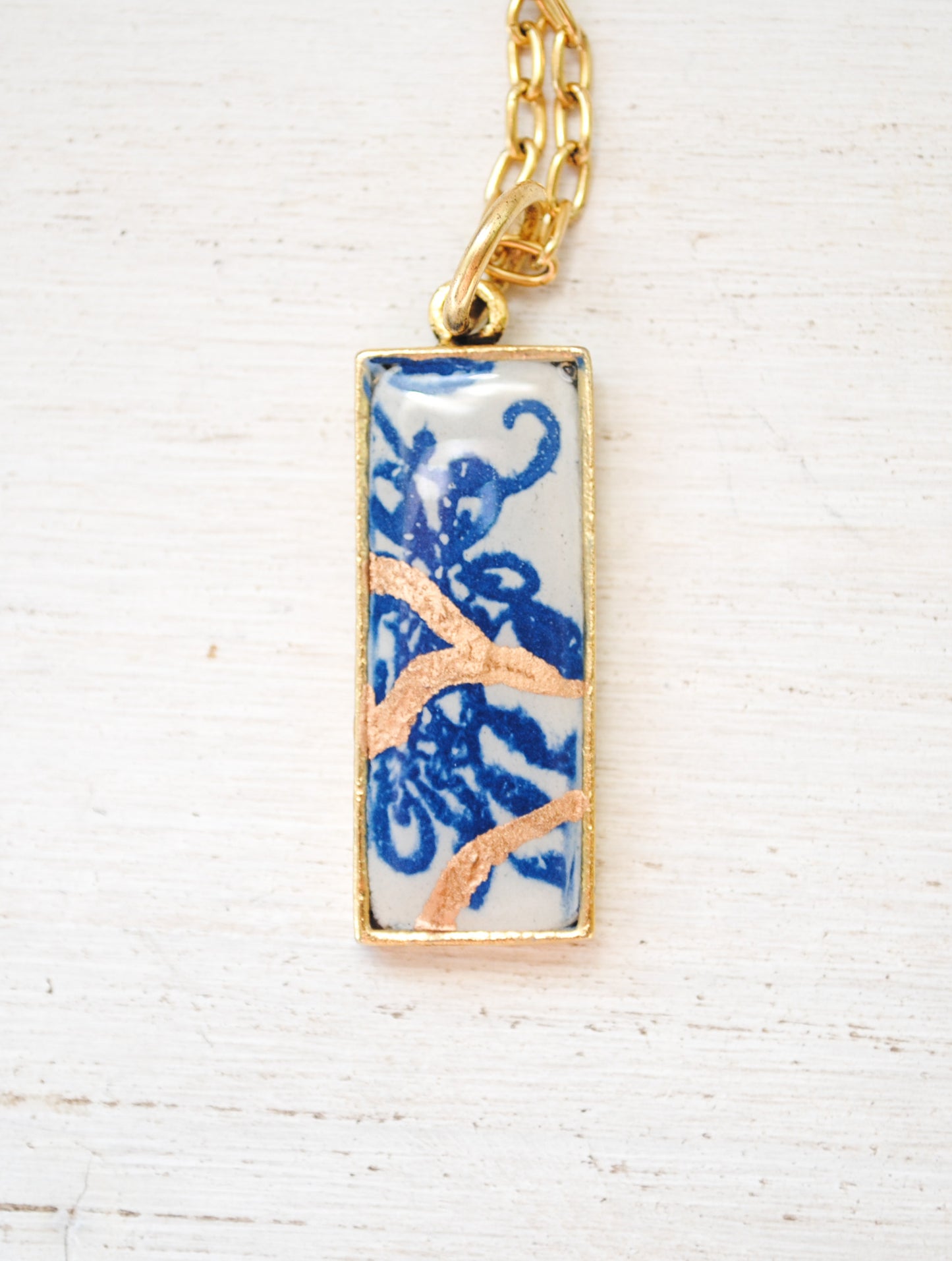 Kintsugi Inspired Pendants - Encouragement Gift - Kintsugi Necklace Rectangle, scroll blue floral, gold or silver