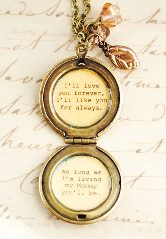 I'll love you forever I'll like you for always - my mommy you'll be - Mother Locket Antique Brass - Mom Quote - Quote Lockets - Mom and Me