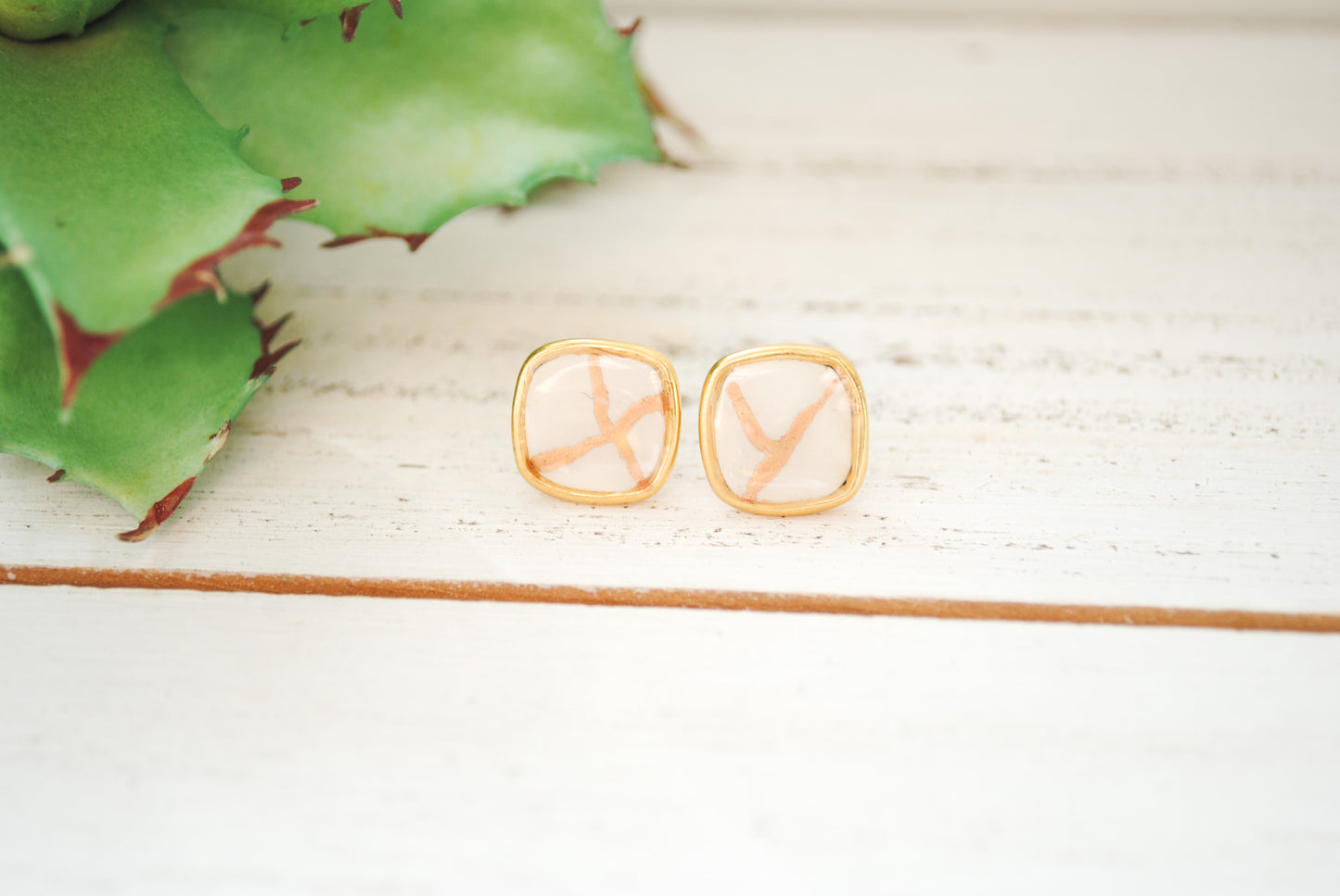 Kintsugi Inspired Earrings - Square Setting, White - Encouragement Gift