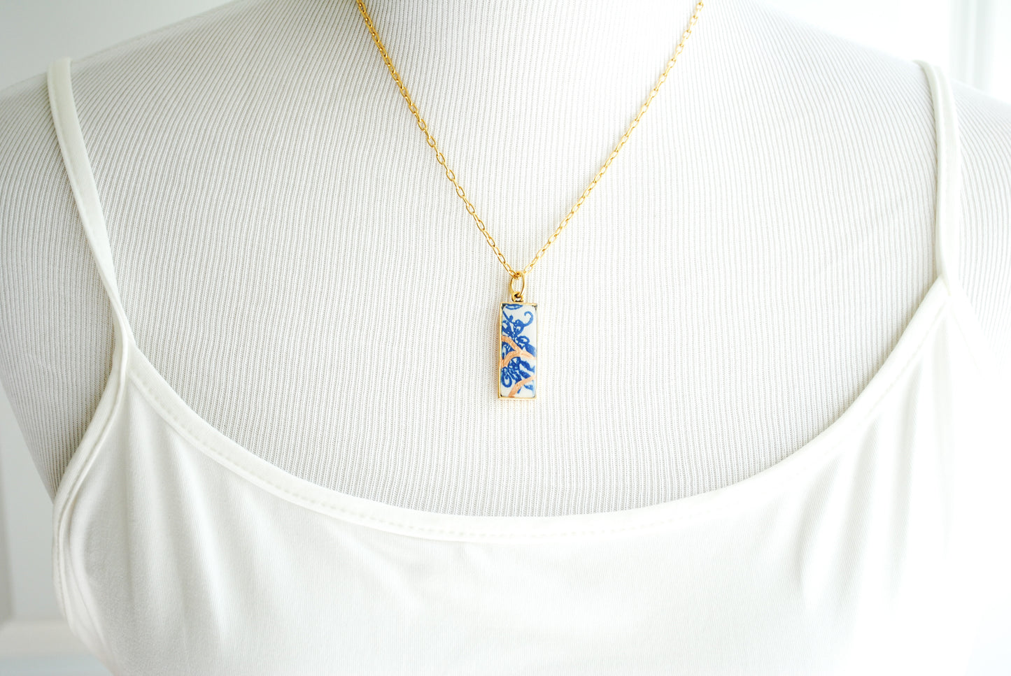 Kintsugi Inspired Pendants - Encouragement Gift - Kintsugi Necklace Rectangle, scroll blue floral, gold or silver