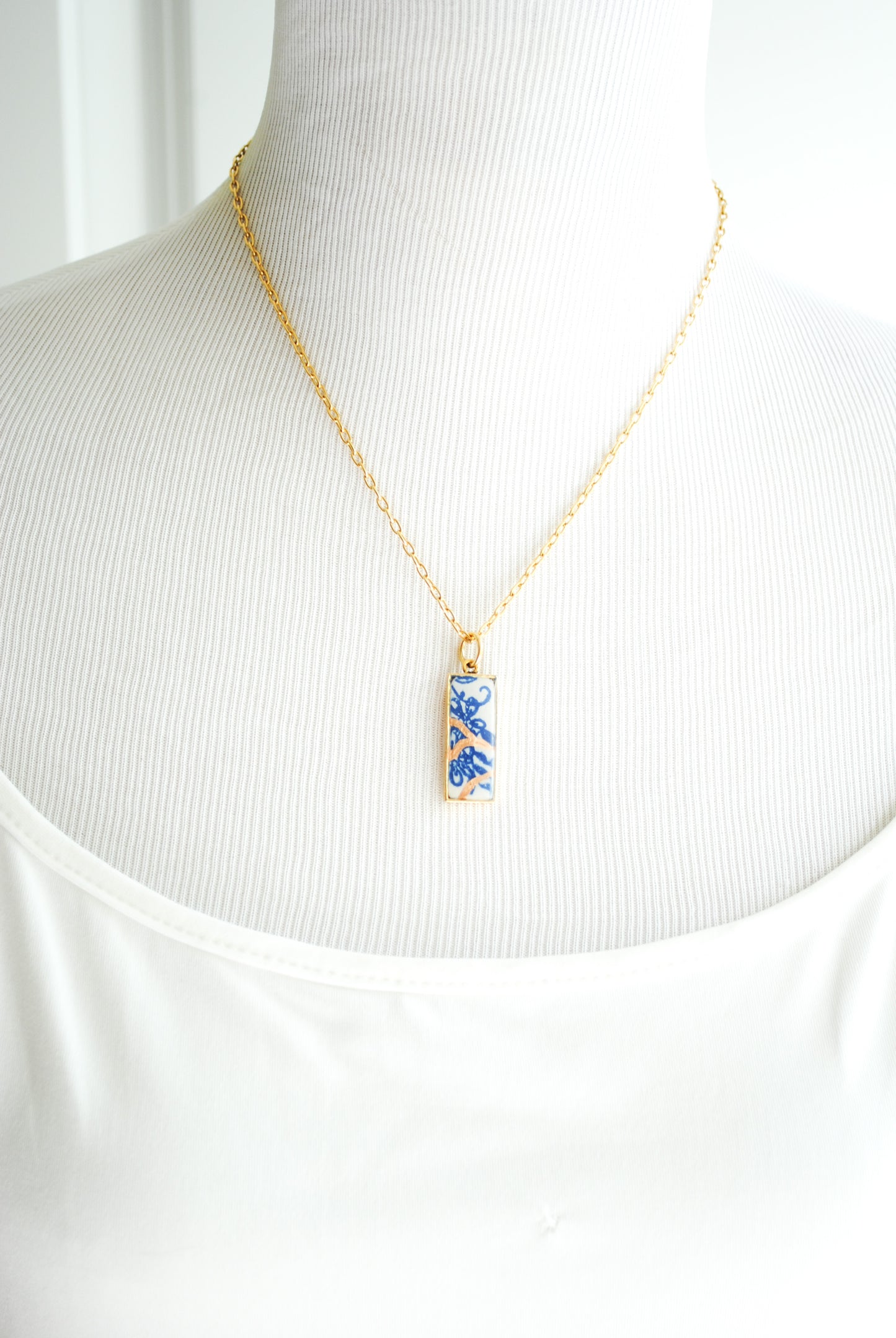 Kintsugi Inspired Pendants - Encouragement Gift - Kintsugi Necklace Rectangle, scroll blue floral, gold or silver