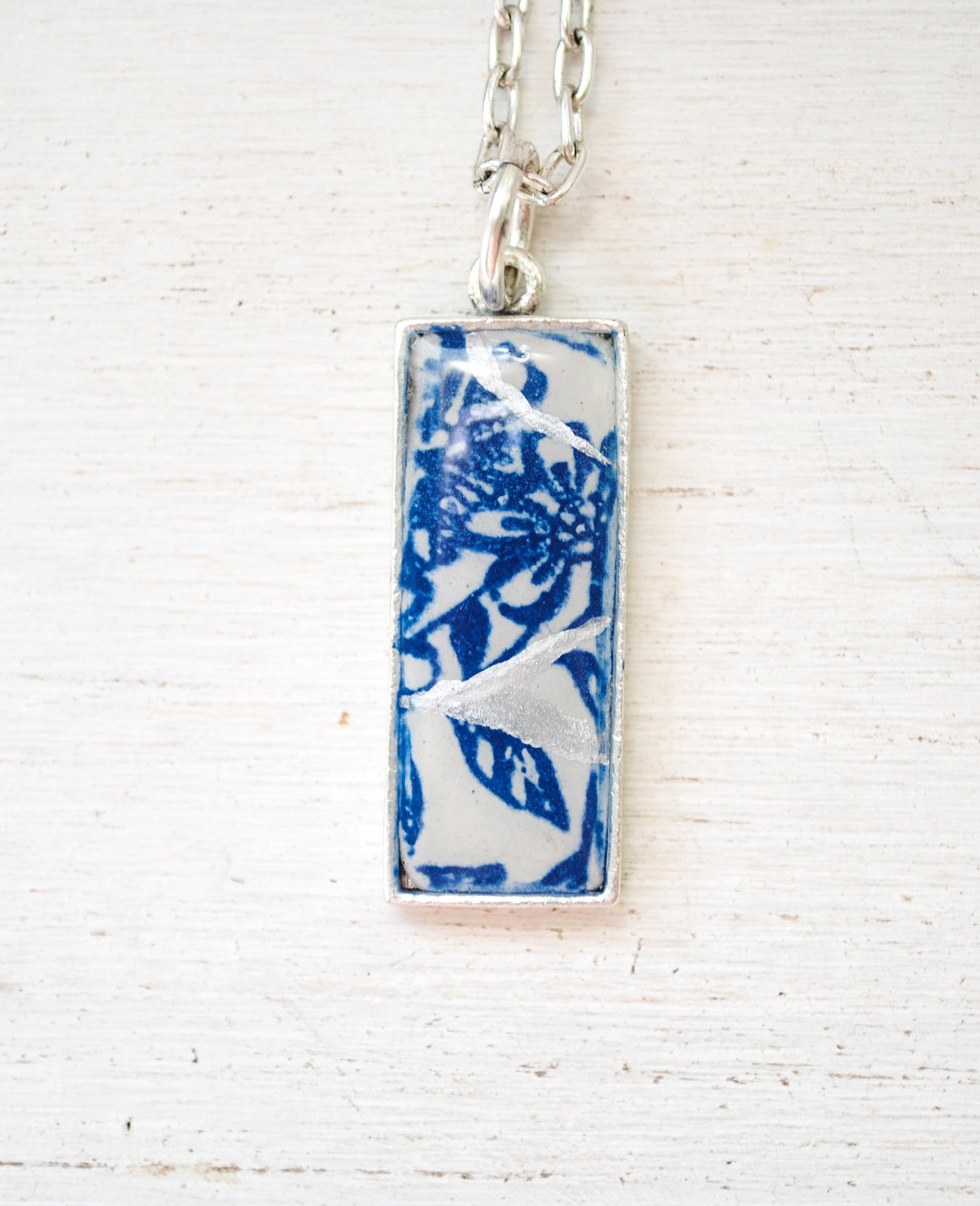 Kintsugi Inspired Pendants - Encouragement Gift - Kintsugi Necklace Rectangle, scroll blue floral, gold or silver